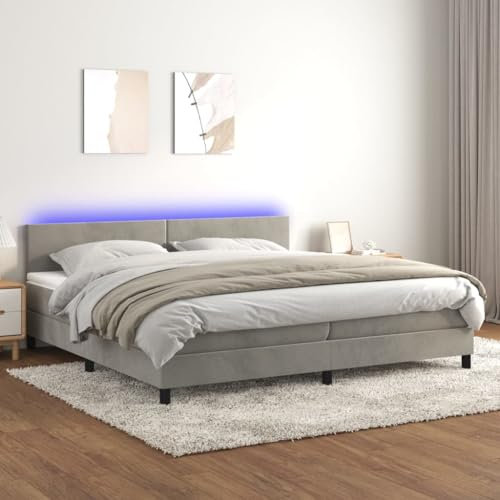 Boxspringbett mit Matratze & LED,Bettgestell mit Kopfteil,Plattform-Bettgestell,Lattenrost,mit Scheren-Symbol – Sicheres Zuschneiden,für Schlafzimmer, Arbeitszimmer, Hellgrau 200x200 cm Samt