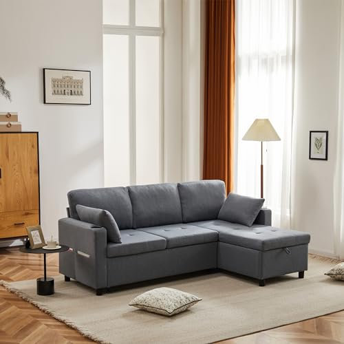 ZYLOYAL10 Schlafsofa mit Schlaffunktion, L-förmiges Sofa, Sofa-Chaiselongue mit Stauraum, mit Taschenbecherhalter, Wohnzimmer-Schlafsofa, Links und rechts austauschbare Chaiselongue (Gray)