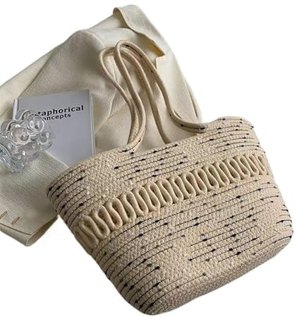 wangfq Korbtaschen Damen Stricksets, Stoff, Khaki, Strandtasche, großes Fassungsvermögen, handgefertigt, Stroh, Sommerurlaub, Freizeittasche, Damentaschen, Einkaufstaschen Basttaschen Damen Sommer(C)