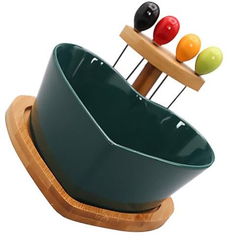 Mikinona Keramik Obstschale Satz mit Holzständer und Gabeln Herzförmig Elegant für Salat und Snacks für Partys und Besondere Anlässe