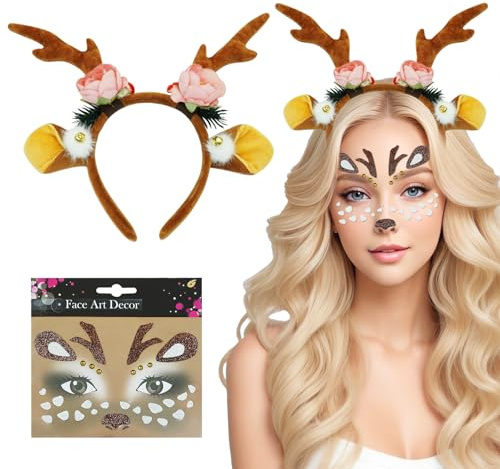 NebulaGlam Haarreif Reh Geweih Hörner Rehohren + Reh Gesichtstattoo, Karneval Kostüm Damen Mädchen, Damen Kinder Reh kostüm Kopfschmuck Haarreifen Fasching Mottoparty Halloween Kostüm
