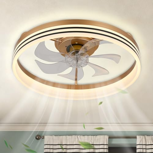 Cainjiazh Modern Ceiling Fan With Dimmable Lights - Low Profile Flush Mount Fandelier Bladeless Chandelier for Bedroom, Kitchen and Living Room (50cm Gold)