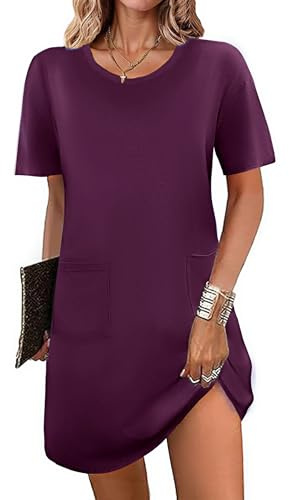 Leversic Chemise de Nuit Femme Coton Chemise de Nuit Manches Courtes à Couleur Unie Tee Shirt de Nuit Femme Grande Taille Vêtements de Nuit avec Poches Violet S