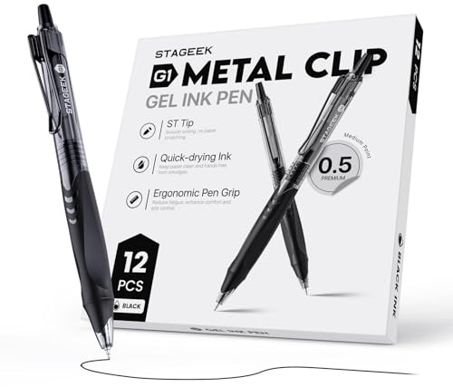 STAGEEK 12 STÜCK Gel Kugelschreiber 0,5 mm stift Mittelspitze – Schwarze Druckkugelschreiber mit Geltinte, Schreibset für Schule/Büro/Tagebuch – Kugelschreiber Hochwertig (Schwarz)