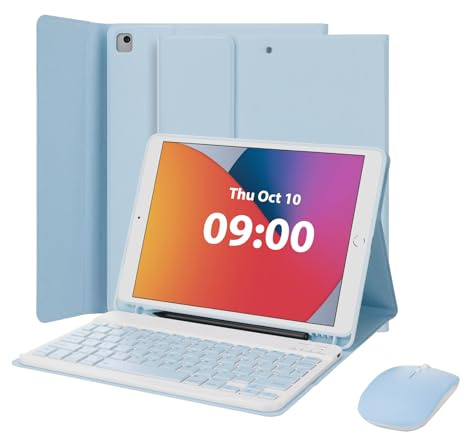 MAYPHY Funda de teclado con mouse para iPad de 9ª/8ª/7ª generación de 10.2 pulgadas, iPad Air 3/Pro de 10.5 pulgadas, funda de teclado desmontable, con soporte para bolígrafo, mouse inalámbrico