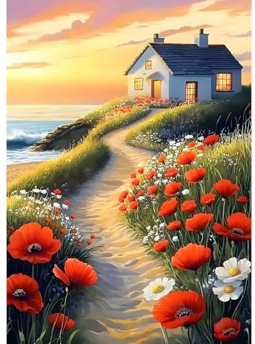 MXJSUA Diamond Painting Kit Completo, DIY Casa Fiori Spiaggia Diamantini Strass Ricamo a Punto per Adulti Decorazione Casa, Kit per Pittura Diamante Mosaico Fai Da Te 5D, 30x40cm