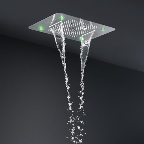 Cabezal de ducha de cascada LED de 38 x 58 cm con función de música, cabezal de ducha de acero inoxidable 304 de alta presión con control remoto, acabado cromado