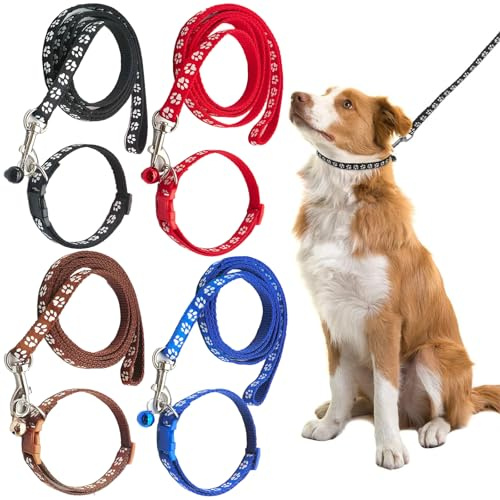 Aililong 4er-Set Welpenhalsbänder mit Leine - Verstellbares Hundehalsband und Leine für Welpen - Nylon Haustier Halsband für kleine Hunde Katzen - Praktisches Hundetrainingsgerät, Paw Print Design.