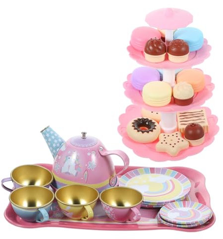 minkissy 1 Set Tea Set Tin Tea Party Set for Little Safe and Realistic Pretend Play with Teapot Cups and Dessert Tower for Imaginative Play and Social Skill Development