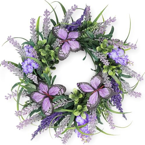 COLORSPEC Lavender Wreaths for Front Door 15 inch, Spring Summer Artificial Wreath with Purple Butterflies and Greenery, All Season Wreath Decoration for Home Wall Window Farmhouse Indoor Outdoor