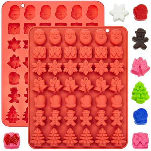 Christmas Silicone Molds 2 Pack, 3D Mini Christmas Gummy Mold with Snowflake Xmas Tree Santa Gingerbread Gift Bell Shape Baking Mould for Chocolate Candy Fondant Gummy Wax Ice Cube Cupcake Decorations