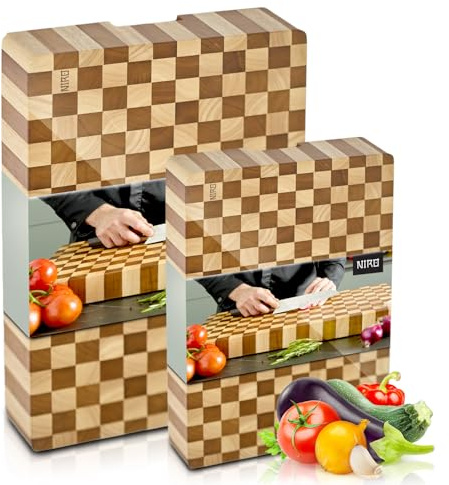 NIRO Set di 2 Taglieri da Cucina Professionale XXL, Legno 100% Pará Naturale Rubberwood SPESSORE 4/6 CM, Dimensioni 40x30x4 e 60x40x6 cm, Atossico, Legno Massello Pregiato, Tagliere Vassoio da Portata