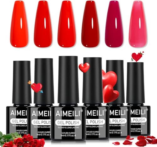 AIMEILI Red Gel Nail Polish Set 6pcs, Cruelty Free, Vegan, Soak Off UV LED Gel Polish Nail Art Manicure Salon DIY for Women - Kit 107