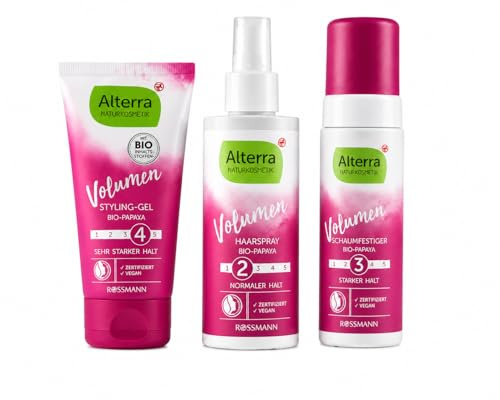 Naturkosmetik Volumen Haarstyling-Set (3-teilig) | mit Bio-Papaya | Schaumfestiger, Haarspray & Styling-Gel für feines Haar | Zertifizierte Naturkosmetik & Vegan(Alterra)