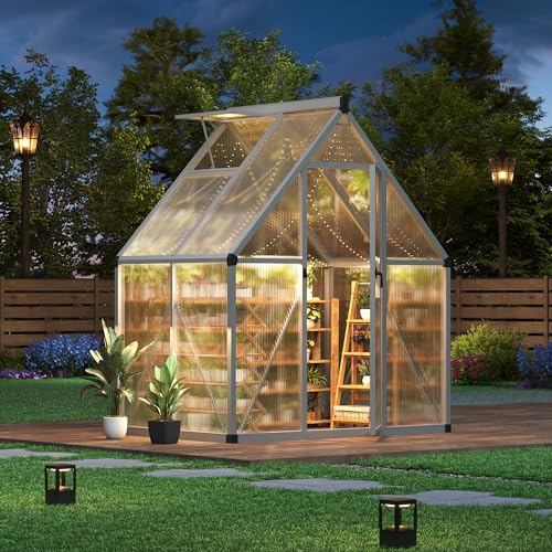 GarveeHome 6×4 FT Outdoor Greenhouse, Large Walk in Greenhouses for Outdoors and Garden Planting, Polycarbonate Green House with Enhanced Aluminum Frame and W/Lockable Push Door, Silver