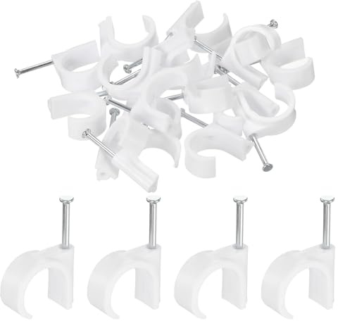 sourcing map 50pcs Cable Clips with Nail 25mm Circular Single Hook Half Clamp J-Hook with Nail Cord Clips for Wires on Wall for Ethernet Tacks Coax Pex Tubing Pipe Support, White