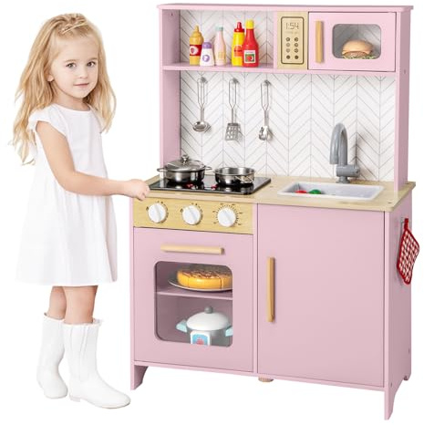DREAMADE Cuisine Enfants en Bois, Jouets de Cuisine pour Enfants avec Micro-Ondes, Four et Évier, Pieds et Poignées, Mini Cuisine avec Sons et Lumières, Idéale pour Les Enfants de 3+ Ans (Rose)