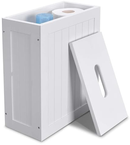 FEFE Slimline Compact Wooden Bathroom Storage Unit W 28 x D 14 x H 35 cm Freestanding Bathroom Toilet Roll Organiser, Multi Purpose Cleaning Tidy Box for Supplies & Toiletries