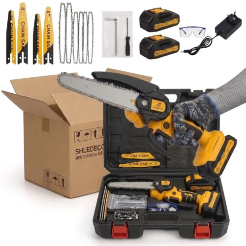 SHLEDECOR Mini Chainsaw Cordless, 8&6 Inch Electric Power Chain Saw with 2 Batteries & Chains, 4000w Small lightweight with Safety Lock for Tree Trimming, Garden, Wood Cutting Gift for Men Dad Husband