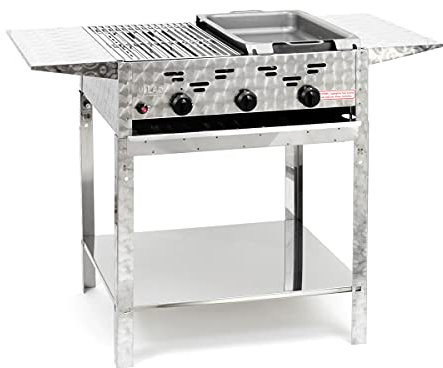 Gasgrill-Kombibräter 11kW 3-flammiger Edelstahl-Brenner Standmodell, kleines Grillrost und kl. Stahlpfanne, Abstellplatten Profigrill Verein