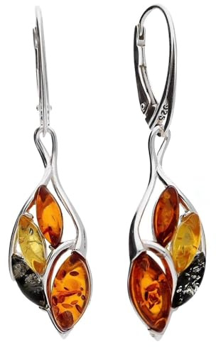 Warped Teardrop Mixed Baltic Amber Lever Back Fancy Dangly/Dangle Drop Silver Earrings for Women/Ladies/Girls - 925 Sterling Silver - Amber Jewellery for Women. 070238