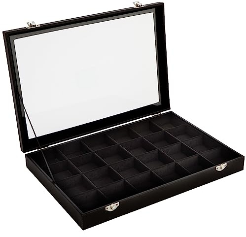 Juvale Black Velvet Jewelry Display Tray Organizer Case - Jewelry Display for Vendors w/Glass Cover - 24 Slot Tray with Removable Grids - Crystal & Rock Collection Box - Black 14 x 9.5 x2 in