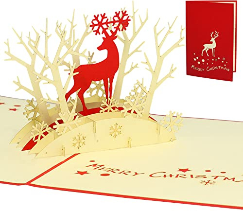 LINPOPUP®, POP UP Karte Weihnachten, 3D Grußkarte Weihnachtskarten, Rentier im Wald, N417