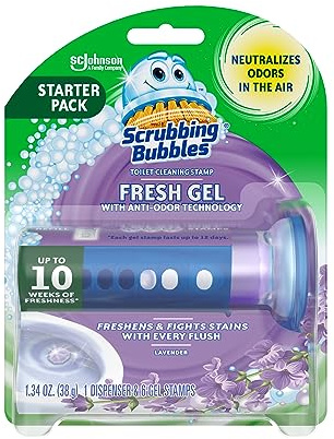 Scrubbing Bubbles Fresh Gel Toilet Bowl Cleaning Stamps, Helps Keep Toilet Clean and Helps Prevent Limescale & Rings, Lavender Scent, 1 Dispenser with 6 Fresh Gel Stamps