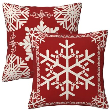 NIDITW Set of 2 Happy Holidays Snowflakes Gift Linen Throw Pillow Joy Peace Noel Beautiful Snowflakes Body Red Cotton Burlap Case Cushion Cover Sofa Outdoor Decorative Square 18X18 Inches
