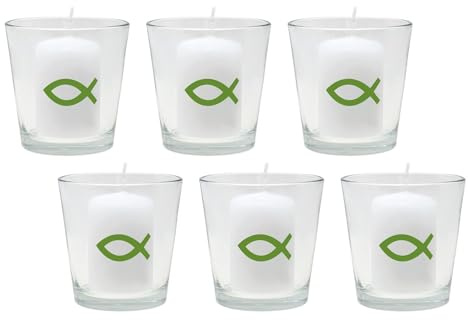 ZauberDeko 6X Kerze Votivkerze Fisch Grün 6X Votivglas Kommunion Konfirmation Tischdeko Kerzenglas