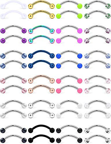 LAURITAMI 48stk 14G Chirurgenstahl Brustwarzenpiercing Augen Zunge Bauchnabel Ring Curved Barbell Piercing Schmuck 14/16mm