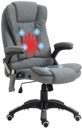 Vinsetto Massage Office Chair Lumbar Heating Linen Fabric Grey | Executive Computer Desk Chair, High and Reclining Back, Tilt Function, Adjustable Height, Padded Armrests