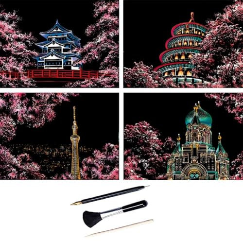 ShipeeKin 4X Kratzbilder, 290x210 MM Weltberühmte Sehenswürdigkeiten mit Kirschblüten Wandbild, Beschichtete Bunte Kratzpapier mit Werkzeug Set