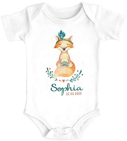 SpecialMe® Baby Body mit Namen und Geburtstdatum Bedrucken Lassen Boho Fuchs Geschenk zur Geburt Kurzarm Bio Baumwolle weiß 12-18 Monate