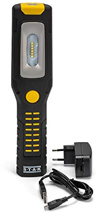 Stak - Lámpara de trabajo con linterna de inspección LED COB 3 + 1 W recargable, luz de trabajo con batería de litio de 2200 mAh, ganchos y imanes potentes, articulable, color negro