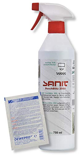 DEWEPRO-Set: SANIT DuschBlitz 2000 (3015) - Flasche à 750ml - beseitigt mühelos Kalk, Hautfett und Seifenrückstände auf Duschkabinen, Fliesen und Wannen, inkl. 1 St. DEWEPRO® Single Scrubs