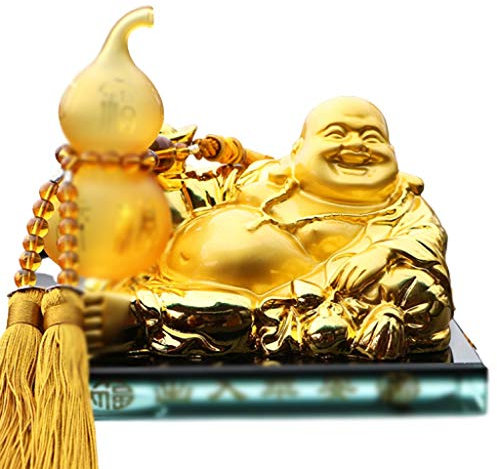PIAOLING Feng Shui Dekoration Buddha-Statue-Dekoration-Harz-Skulptur Goldenen Buddha Maitreya mit Kürbis Parfüm Dekoration Auto Home Decoration Crafts Feng Shui Statue