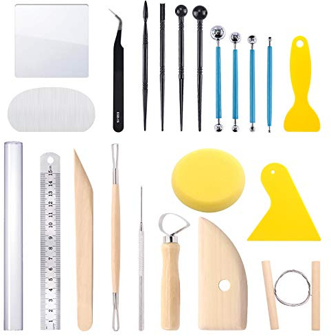 Swpeet 22 st modelleringslera skulpteringsverktygssats, boll stylus verktyg, lerhalsduk, akryl bakbräda essentiell trä skulptering lera verktygskombination för keramikmodellering, utjämning