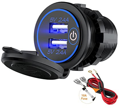 12V Car Charger Dual 4.8A USB Port Dual Cigarette Socket Lighter Plug Waterproof Charger with LED for 12V~24V Vehicles Car Boat Motorcycle SUV Truck Caravan Marine (Blue)