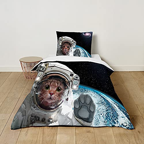 Morbuy Kinderbettwäsche Set mit Universum Muster - Kinderbettwäsche-Set Babybettwäsche für Mädchen Junge - Mikrofaser Bettbezüge Kissenbezug 2 teilig (100x135cm+40x60cm,Kitten Astronaut)