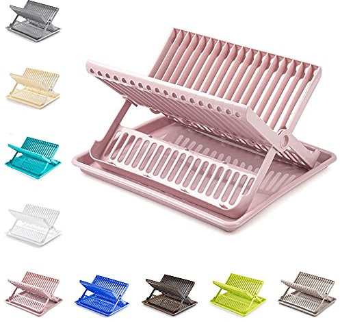 Plastific Folding Dish Drainer With Tray, Drip Tray, Cutlery Holder and Plate Drying Rack (Pink)