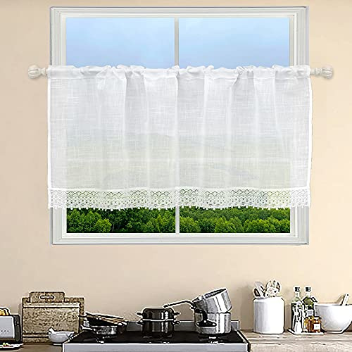 choicehot Voile Küchenvorhang, Halbtransparent Gardinen,Bistrogardine, Flächenvorhang, Kurzvorhang, Weiß Vintage Landhausstil mit Spitze,1 Stück 60×120cm (H×B)