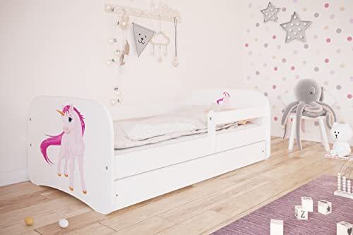 Bjird Kinderbett Jugendbett 70x140 80x160 80x180 cm Weiß mit Rausfallschutz Matratze Schublade und Lattenrost Kinderbetten für Mädchen und Junge - Einhorn 140 cm