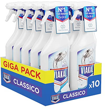 Viakal Clásico baño antical Spray, tecnología antigoteo, elimina hasta el 100% de cal, combate los malos olores, paquete de 10 unidades x 500 ml
