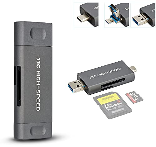 JJC Metal SD Kartenlesegerät USB3.1 USBC für UHS-II SD MicroSD Karten, Grau | Speicherkartenlesegerät aus Aluminiumlegierung mit drei USB-Anschlüssen, bis zu 312MB/s, gleichzeitiges Lesen von zwei Karten