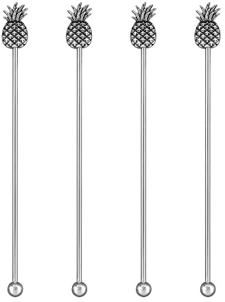 UPware Pineapple Swizzle Sticks, Zinc Alloy Decor Handle with 18/8 Stainless Steel Stirrer, Cocktail Drink Stirrers for Parties and Bars, Silver, 7.25 Inch, Set of 4