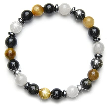 Fukugems Tiger Eye Black Obsidian White Quartz Crystal bracelet de chance, bracelet Feng Shui, sangle de guérison étirée pour hommes et femmes