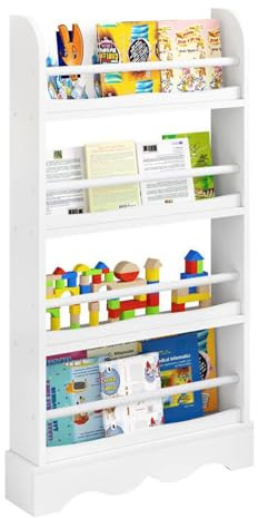 Lestarain Bücherregal Kinder, Kinderregal mit 4 Ebenen, Aufbewahrungsregal für Bücher Spielzeug, Regal für Kinderzimmer Kindergarten, mit Kippsicherung, aus MDF Holz, 60x12x108,5cm, Weiß