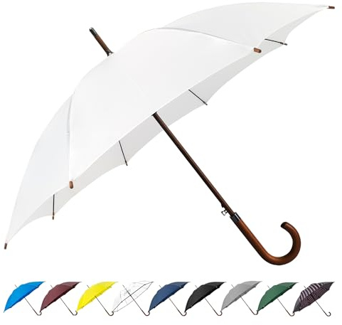 SoulRain 48 White Stick Umbrella – Large Windproof Wedding Umbrella for Rain, Automatic Open, Vintage Cane Umbrella with Wooden Handle & Shaft, Elegant Parasol for Women & Men(White)