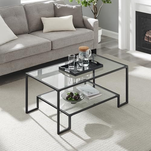 VASAGLE Couchtisch, Glastisch, Wohnzimmertisch, 2 Ablagen aus Hartglas, Stahlgestell, 55 x 100 x 45 cm, Dekoration, für Wohnzimmer, basisschwarz LGT033B61